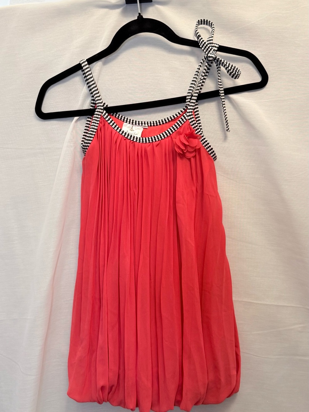 Girls Coral Pleated Bubble Dress with Stripe Tie Strap